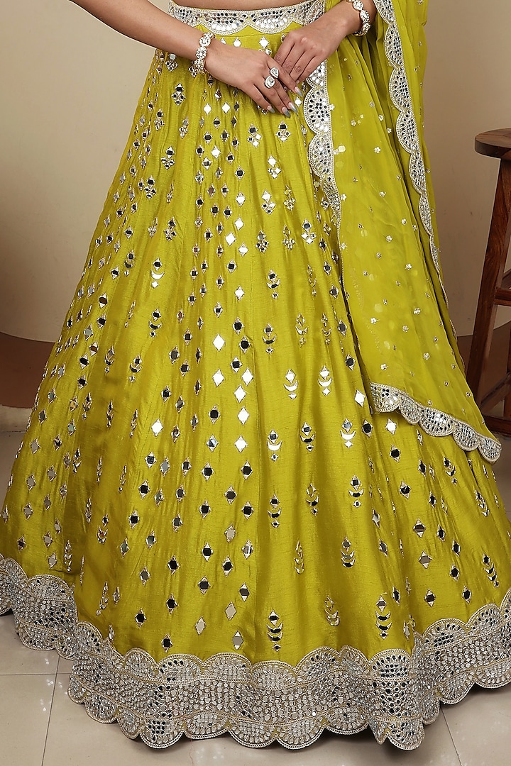 Lime Green Silk Mirror Hand Embellished Wedding Lehenga Set by LASHA at Pernia's Pop Up Shop