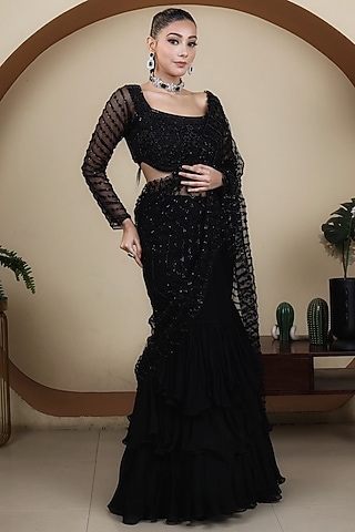 Black Organza Skirt Saree Set by LASHA