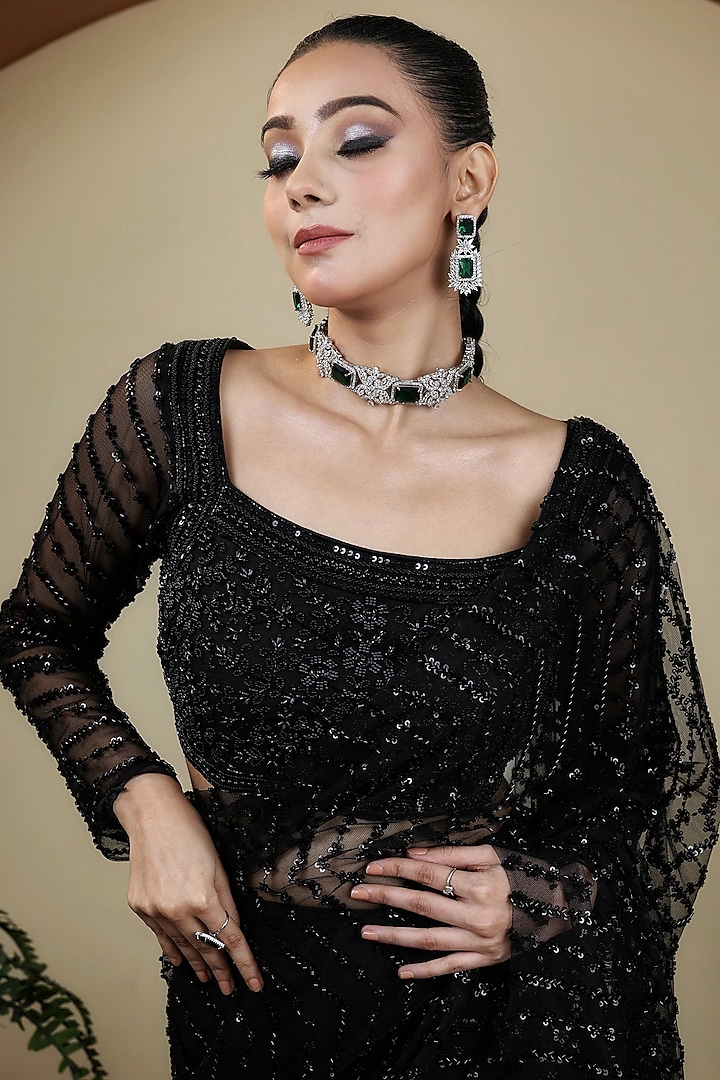 Black Organza Skirt Wedding Saree Set by LASHA at Pernia's Pop Up Shop