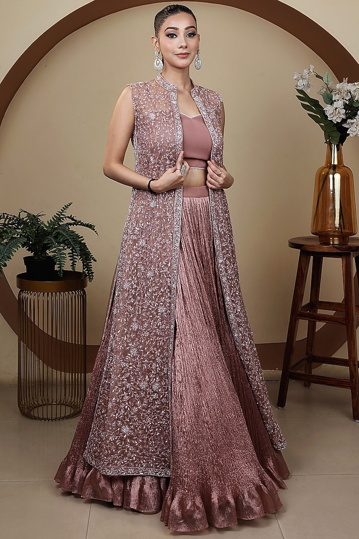 Pink Organza Pearl Hand Embroidered Jacket Set by LASHA at Pernia's Pop Up Shop