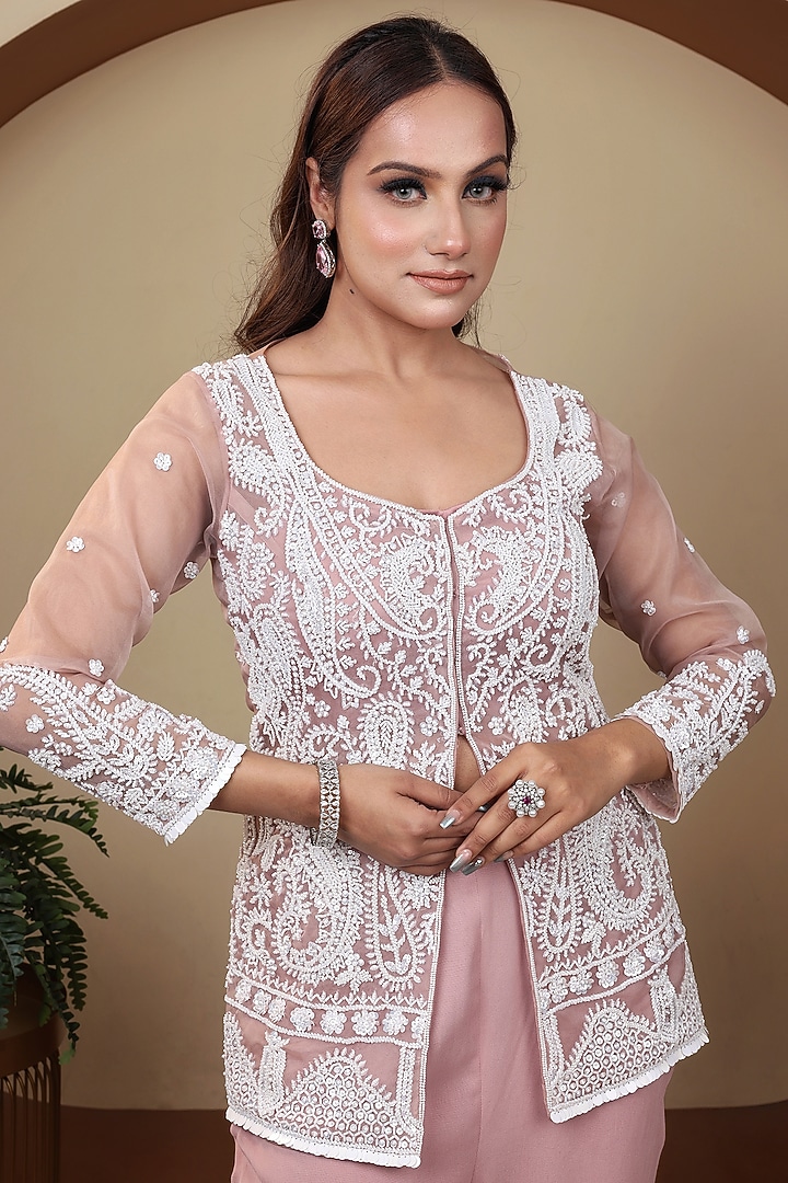 Pink Organza Sequins Hand Embroidered Jacket Set by LASHA at Pernia's Pop Up Shop