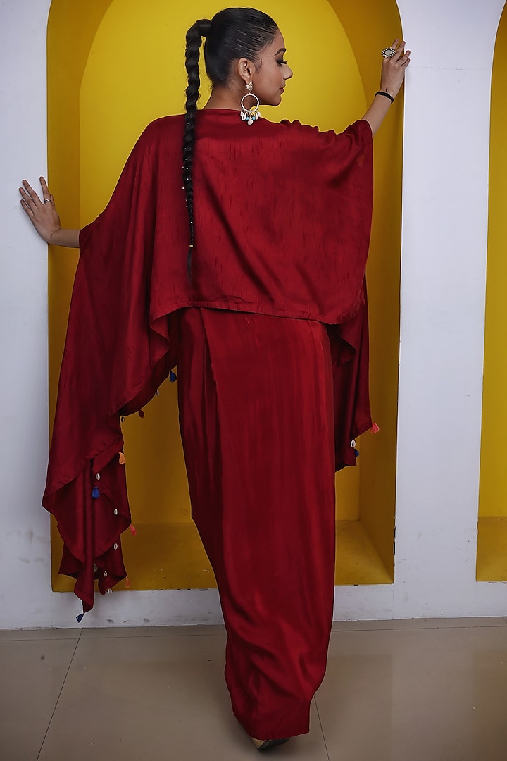 Maroon Crepe Draped Skirt Set by LASHA at Pernia's Pop Up Shop