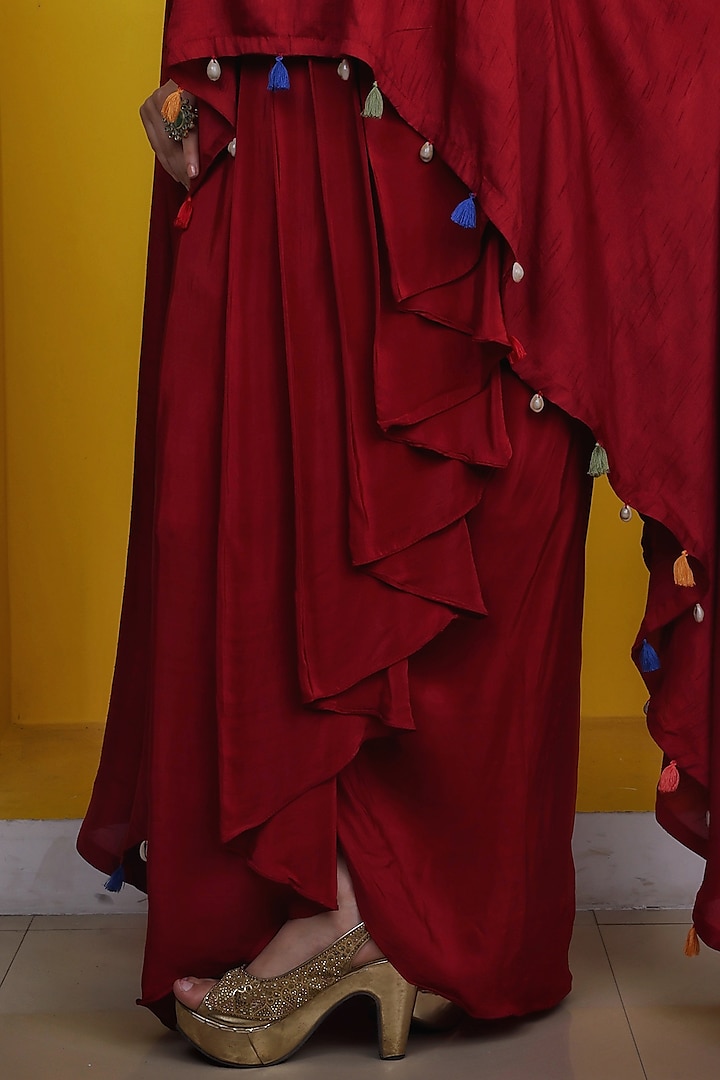 Maroon Crepe Draped Skirt Set by LASHA at Pernia's Pop Up Shop