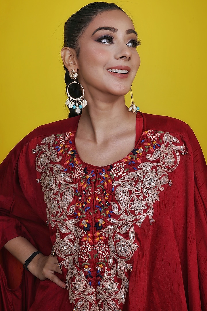 Maroon Crepe Draped Skirt Set by LASHA at Pernia's Pop Up Shop