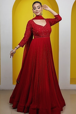 Red Georgette Sequins Hand Embroidered Anarkali Set by LASHA