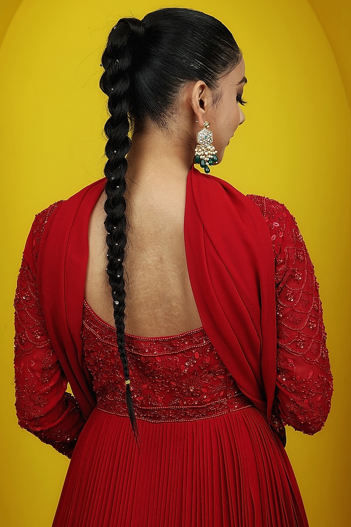 Red Georgette Sequins Hand Embroidered Wedding Anarkali Set by LASHA at Pernia's Pop Up Shop
