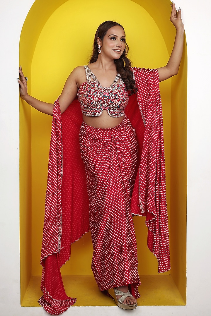 Pink Satin Georgette Bandhani Printed Skirt Set by LASHA