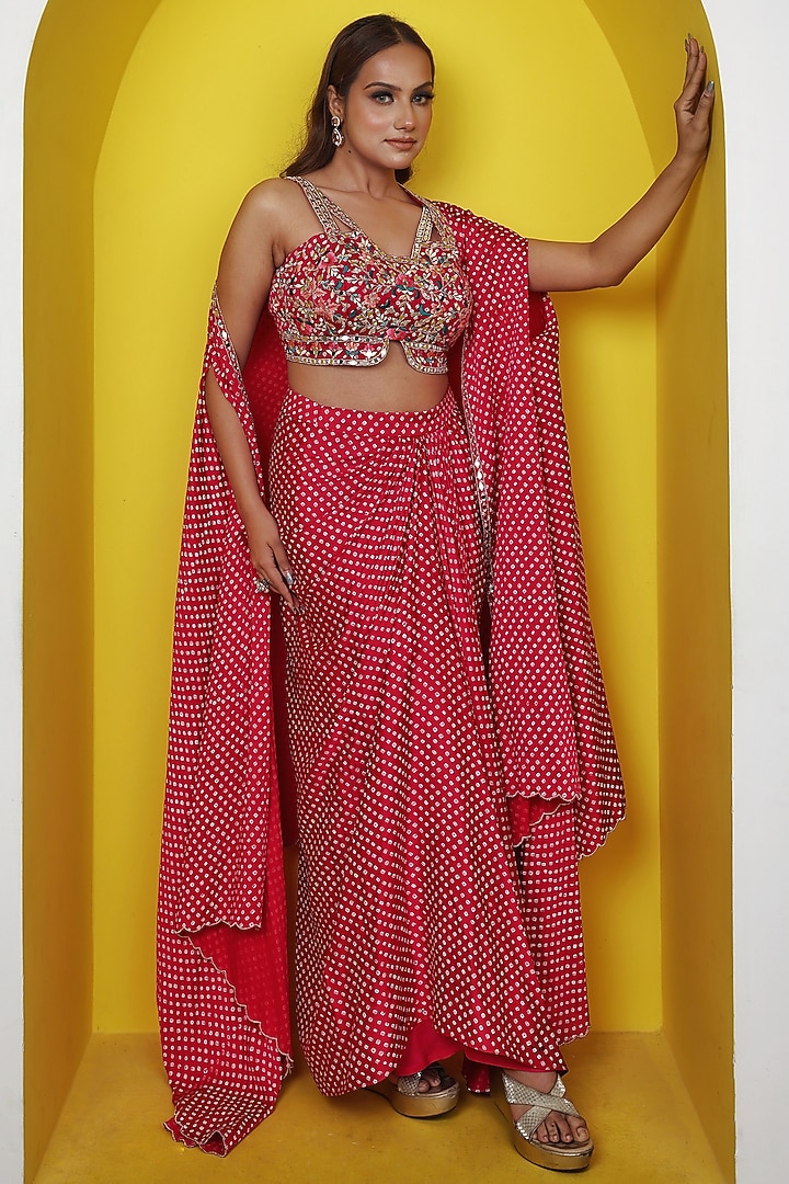 Pink Satin Georgette Bandhani Printed Skirt Set by LASHA at Pernia's Pop Up Shop