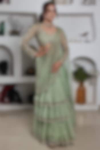 Pista Green Organza Hand Embroidered Pre-Draped Saree Set by LASHA