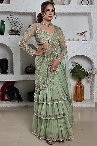 Pista Green Organza Hand Embroidered Pre-Draped Saree Set by LASHA