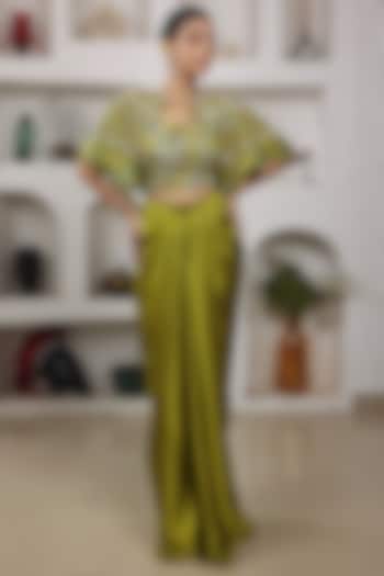 Lime Green Italian Satin Hand Embroidered Cape Set by LASHA