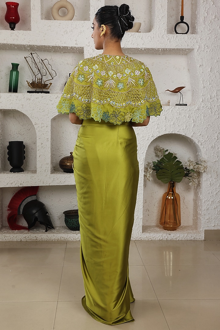 Lime Green Italian Satin Hand Embroidered Cape Set by LASHA at Pernia's Pop Up Shop