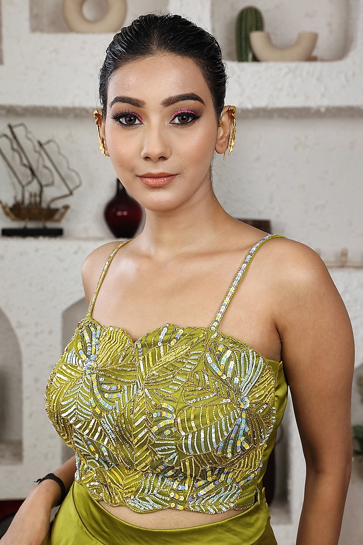 Lime Green Italian Satin Hand Embroidered Cape Set by LASHA at Pernia's Pop Up Shop