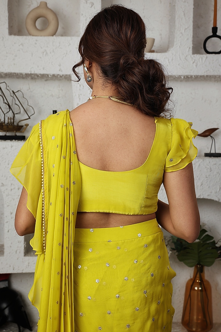 Lime Yellow Organza & Crepe Ruffled Pre-Draped Party Wear Saree Set by LASHA at Pernia's Pop Up Shop