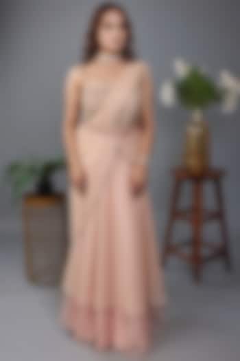 Peach Organza Pre-Draped Skirt Saree Set by LASHA