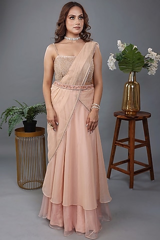 Peach Organza Pre-Draped Skirt Saree Set by LASHA