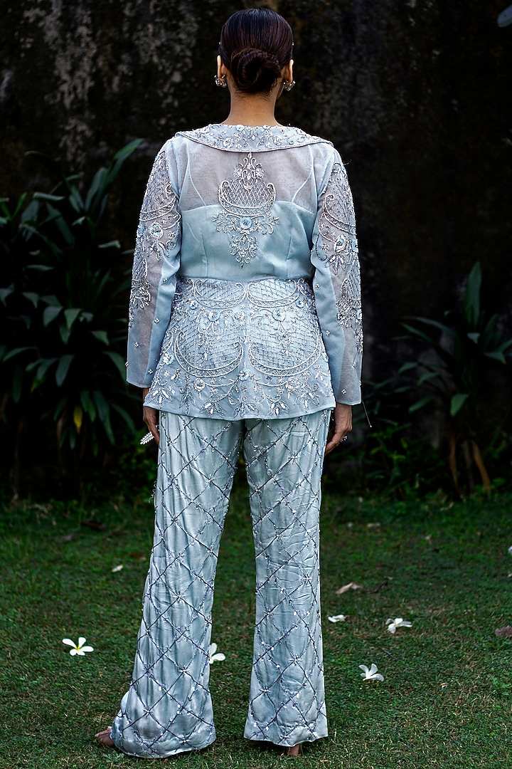 Ice Blue Satin Organza Cutdana Hand Embroidered Jacket Set by LASHA at Pernia's Pop Up Shop