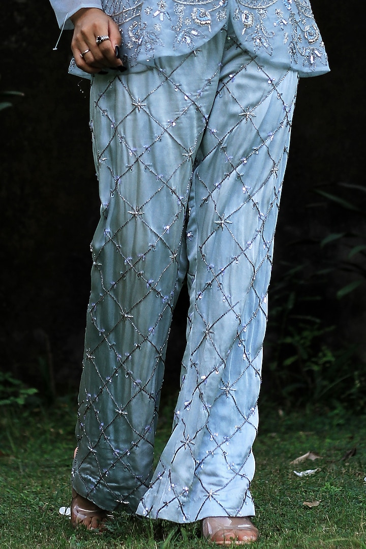 Ice Blue Satin Organza Cutdana Hand Embroidered Jacket Set by LASHA at Pernia's Pop Up Shop