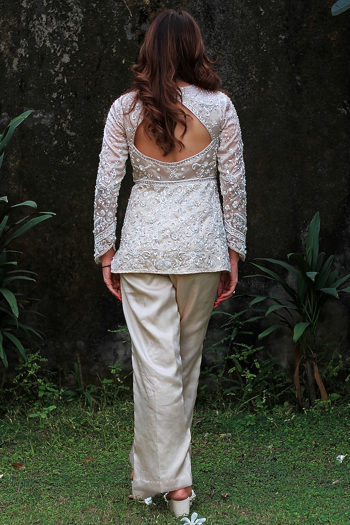 Ivory Satin Organza Zardosi Work Jacket Set by LASHA at Pernia's Pop Up Shop