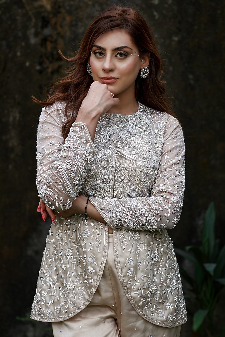 Ivory Satin Organza Zardosi Work Jacket Set by LASHA at Pernia's Pop Up Shop