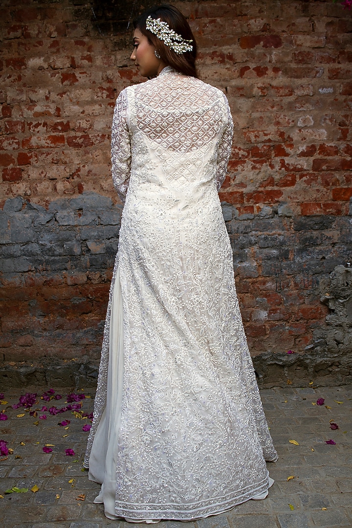 Ivory Organza Wedding Anarkali With Jacket by LASHA at Pernia's Pop Up Shop
