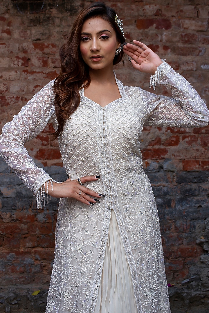 Ivory Organza Wedding Anarkali With Jacket by LASHA at Pernia's Pop Up Shop