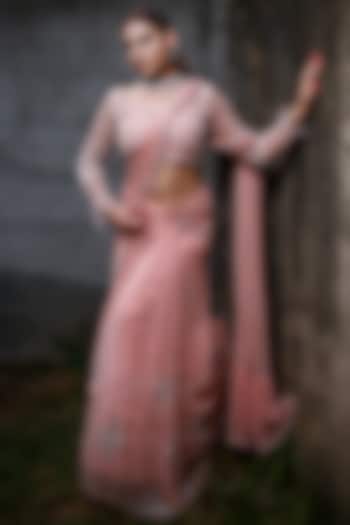 Peach Italian Satin Pre-Draped Saree Set by LASHA