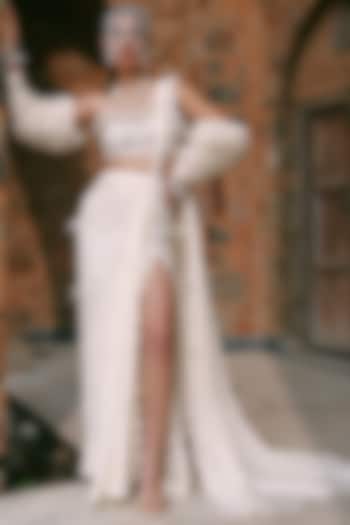 Ivory Italian Satin Hand Work Pre-Draped Slit Wedding Saree Set by LASHA at Pernia's Pop Up Shop