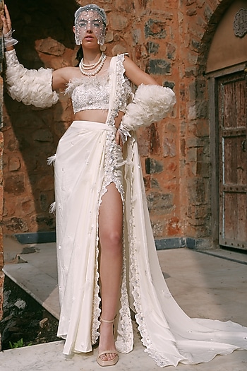 Ivory Italian Satin Hand Work Pre-Draped Slit Wedding Saree Set by LASHA at Pernia's Pop Up Shop