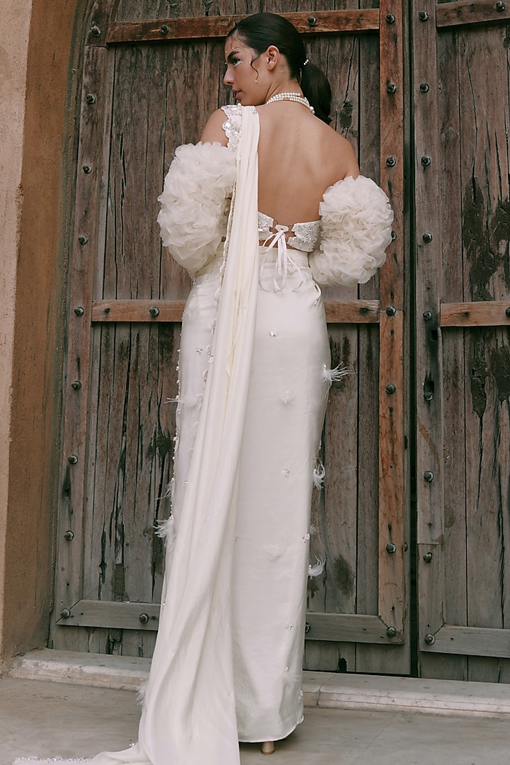 Ivory Italian Satin Hand Work Pre-Draped Slit Wedding Saree Set by LASHA at Pernia's Pop Up Shop