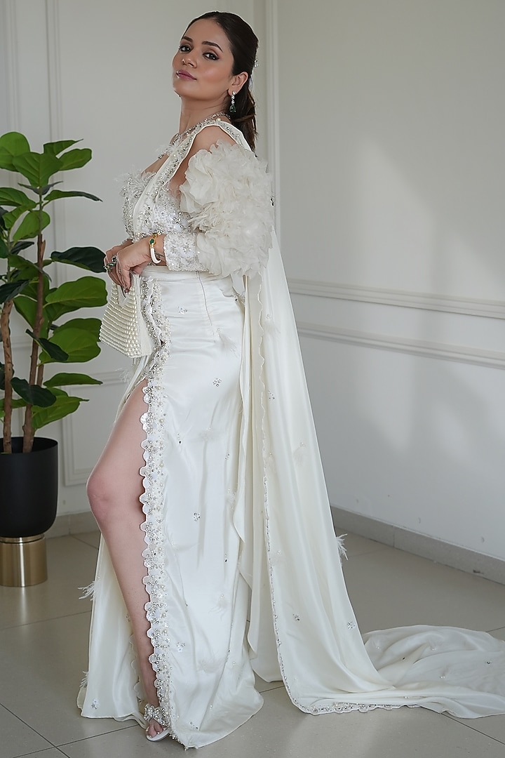 Ivory Italian Satin Hand Work Pre-Draped Slit Wedding Saree Set by LASHA at Pernia's Pop Up Shop