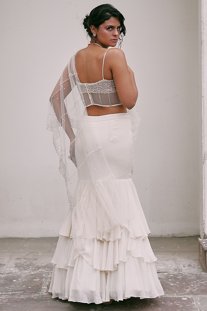 Ivory Georgette Ruffled Skirt Set by LASHA at Pernia's Pop Up Shop