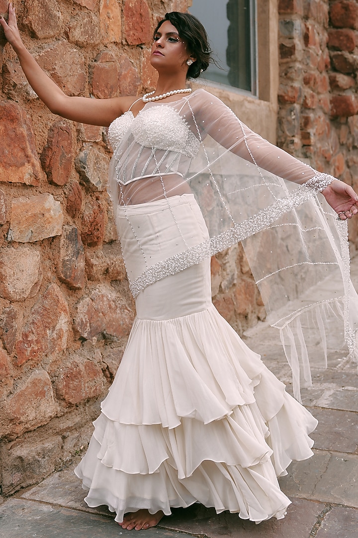 Ivory Georgette Ruffled Skirt Set by LASHA at Pernia's Pop Up Shop