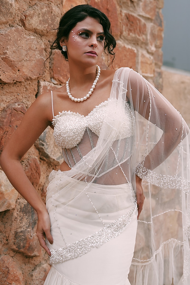 Ivory Georgette Ruffled Skirt Set by LASHA at Pernia's Pop Up Shop