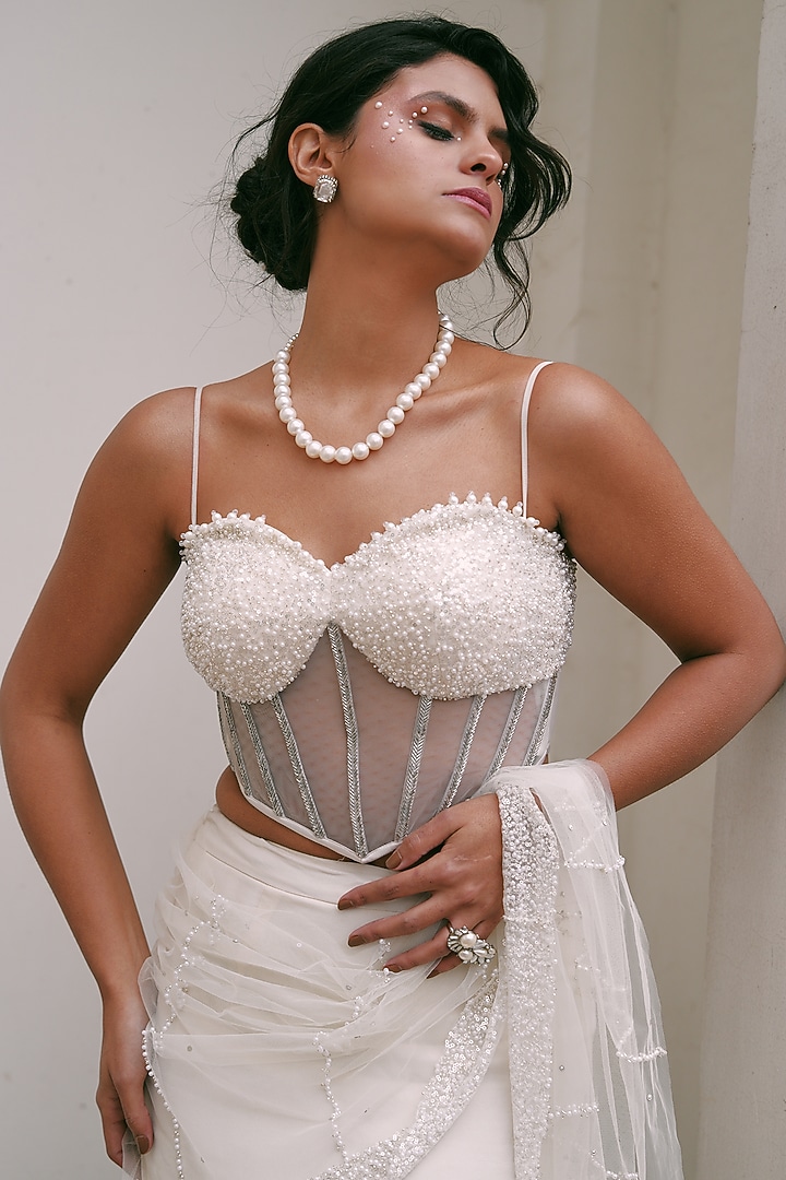 Ivory Georgette Ruffled Skirt Set by LASHA at Pernia's Pop Up Shop