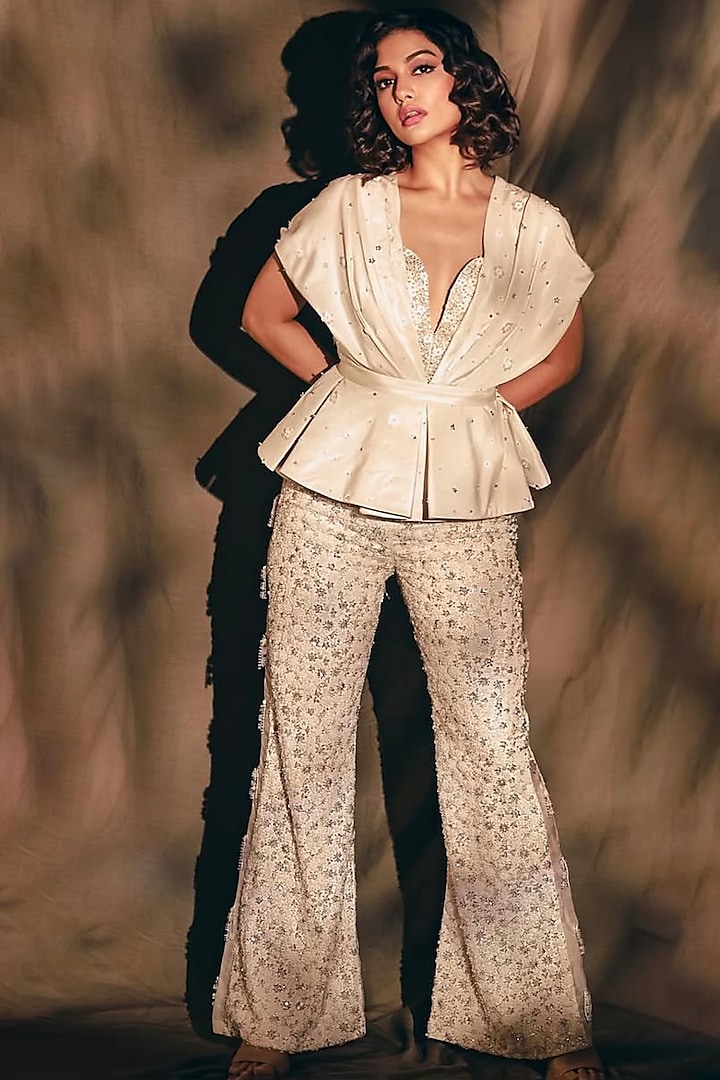 Ivory Silk & Net Paneled Co-Ord Set by LASHA at Pernia's Pop Up Shop