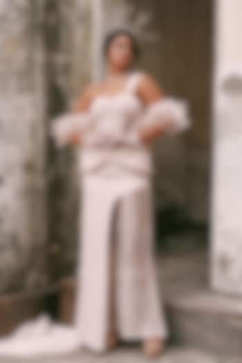 Nude Pink Sheer Tissue Crystal Embroidered Co-Ord Set by LASHA at Pernia's Pop Up Shop