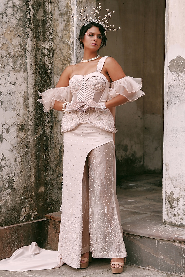 Nude Pink Sheer Tissue Crystal Embroidered Co-Ord Set by LASHA at Pernia's Pop Up Shop