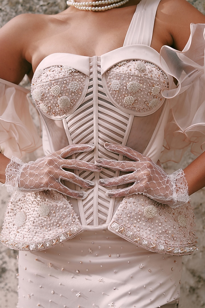 Nude Pink Sheer Tissue Crystal Embroidered Co-Ord Set by LASHA at Pernia's Pop Up Shop