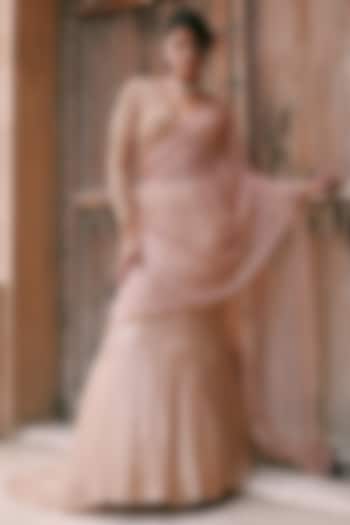 Peach Georgette Swarovski & Cutdana Embroidered Fish-Cut Wedding Lehenga Set by LASHA at Pernia's Pop Up Shop