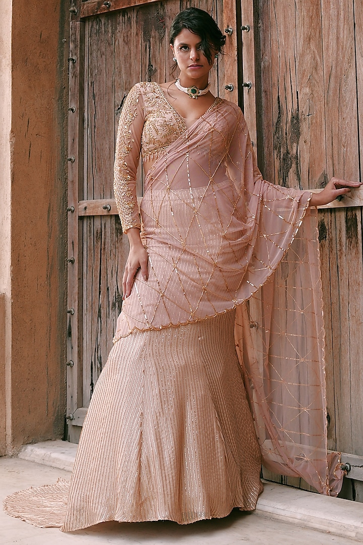 Peach Georgette Swarovski & Cutdana Embroidered Fish-Cut Wedding Lehenga Set by LASHA at Pernia's Pop Up Shop