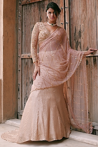 Peach Georgette Swarovski & Cutdana Embroidered Fish-Cut Lehenga Set by LASHA