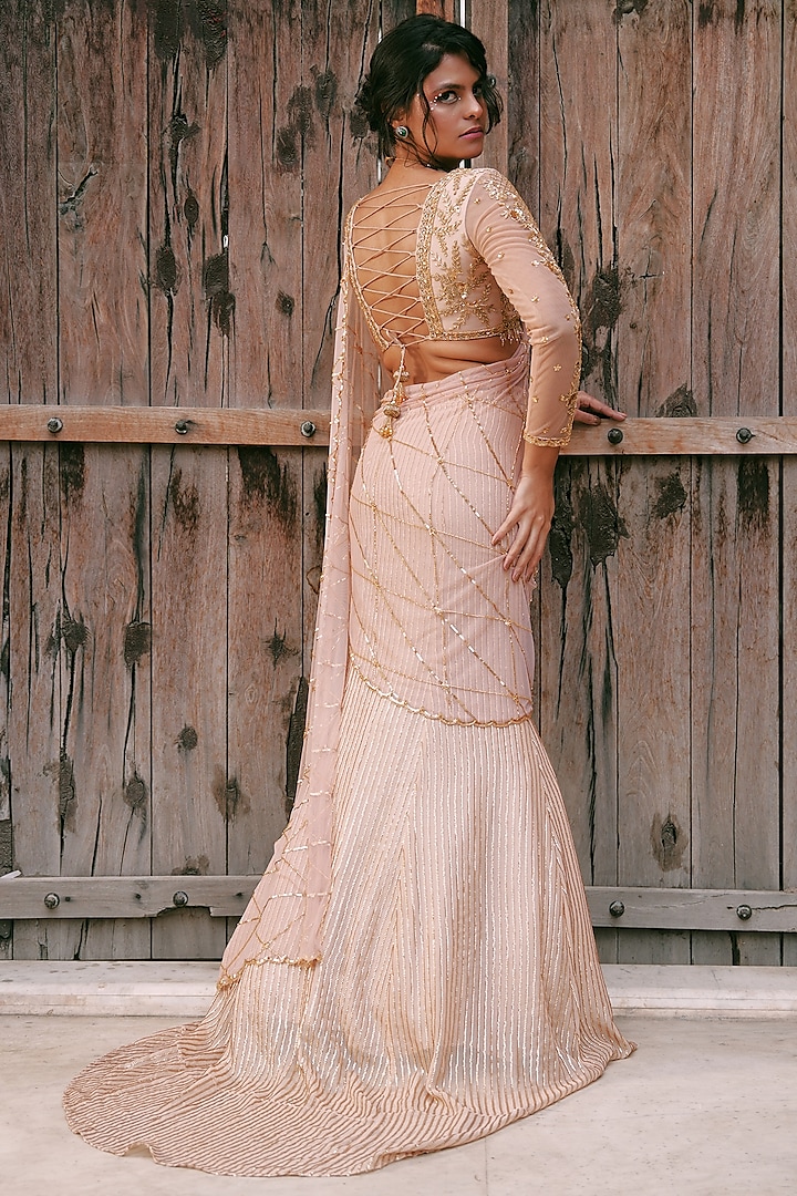 Peach Georgette Swarovski & Cutdana Embroidered Fish-Cut Wedding Lehenga Set by LASHA at Pernia's Pop Up Shop