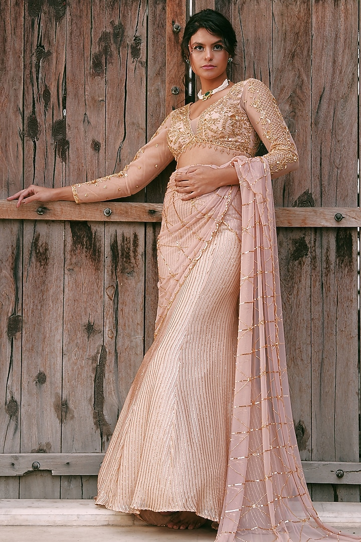 Peach Georgette Swarovski & Cutdana Embroidered Fish-Cut Wedding Lehenga Set by LASHA at Pernia's Pop Up Shop