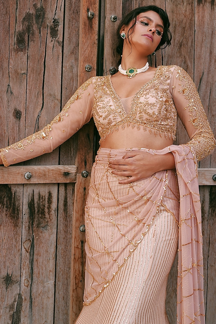 Peach Georgette Swarovski & Cutdana Embroidered Fish-Cut Wedding Lehenga Set by LASHA at Pernia's Pop Up Shop