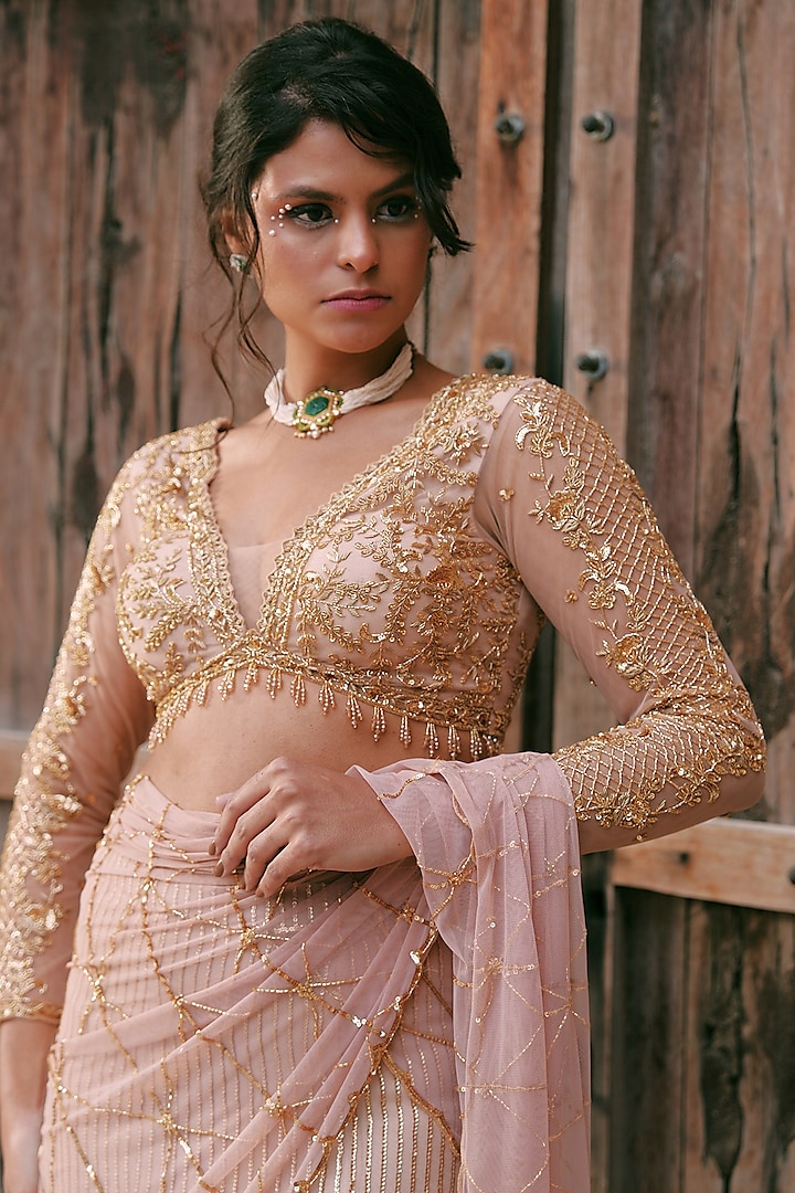 Peach Georgette Swarovski & Cutdana Embroidered Fish-Cut Wedding Lehenga Set by LASHA at Pernia's Pop Up Shop