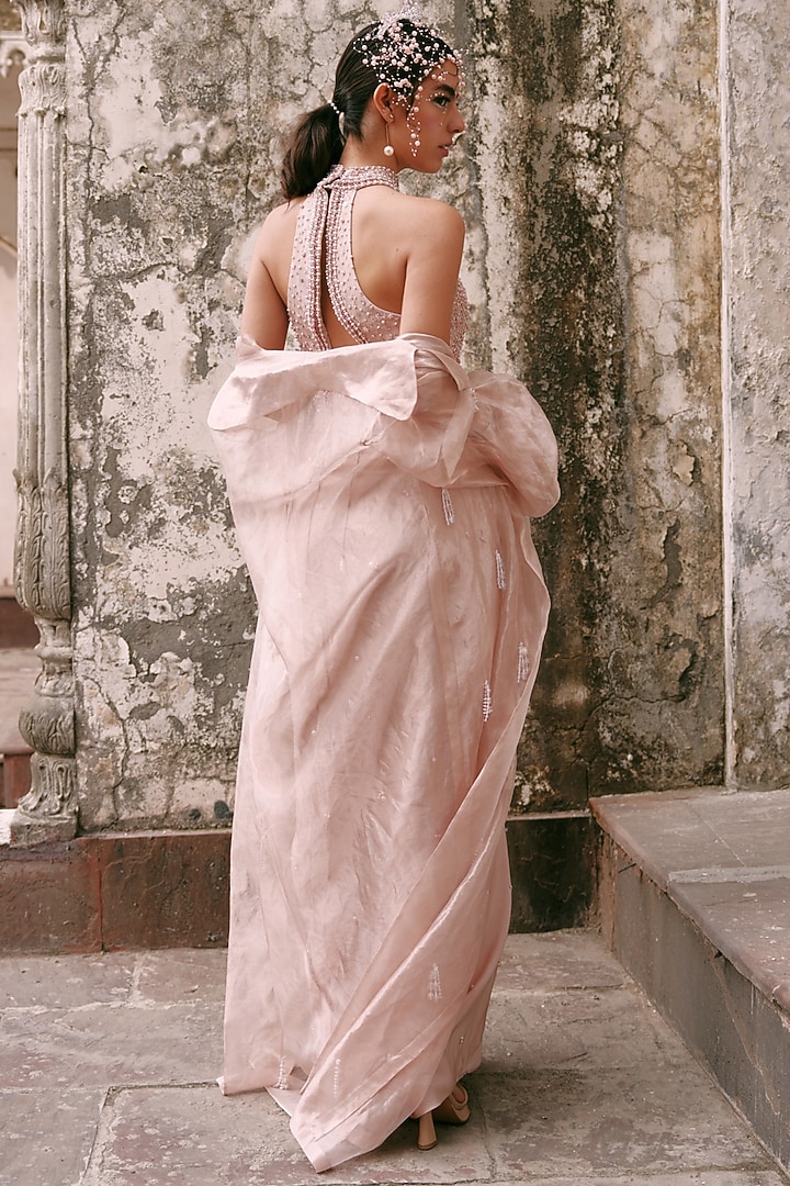 Nude Pink Crepe & Silk Tissue Draped Skirt Set by LASHA at Pernia's Pop Up Shop