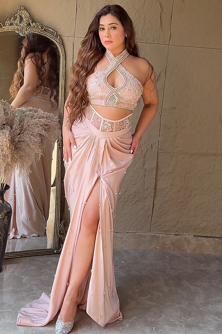 Nude Pink Crepe & Silk Tissue Draped Skirt Set by LASHA at Pernia's Pop Up Shop