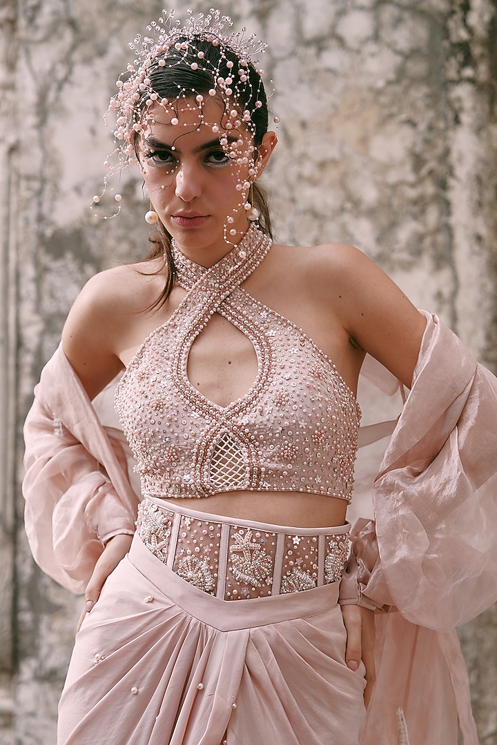 Nude Pink Crepe & Silk Tissue Draped Skirt Set by LASHA at Pernia's Pop Up Shop