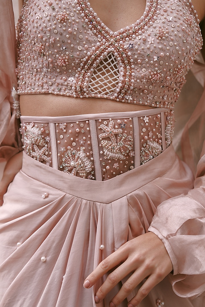 Nude Pink Crepe & Silk Tissue Draped Skirt Set by LASHA at Pernia's Pop Up Shop